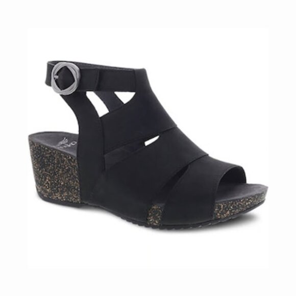 Dansko Sera Milled Nubuck Leather Wedge Sandals in Black, size 38 - Picture 1 of 13